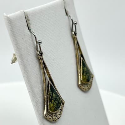 Vintage Silver Tone Spiderweb Jasper Inlay Geometric Fan Drop Earrings Boho Y2K - Thumbnail 3