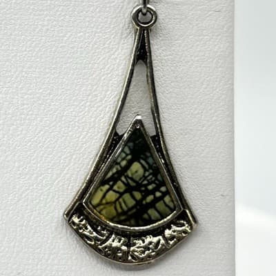 Vintage Silver Tone Spiderweb Jasper Inlay Geometric Fan Drop Earrings Boho Y2K - Thumbnail 4