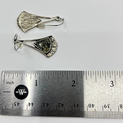 Vintage Silver Tone Spiderweb Jasper Inlay Geometric Fan Drop Earrings Boho Y2K - Thumbnail 7