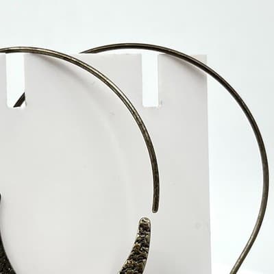VTG 925 Sterling Silver Hammered Crescent Moon Onyx Hoop Earrings India Tribal - Thumbnail 3