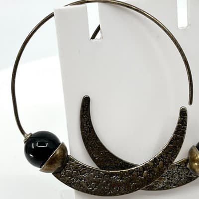 VTG 925 Sterling Silver Hammered Crescent Moon Onyx Hoop Earrings India Tribal - Thumbnail 4