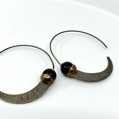 VTG 925 Sterling Silver Hammered Crescent Moon Onyx Hoop Earrings India Tribal - Thumbnail 5