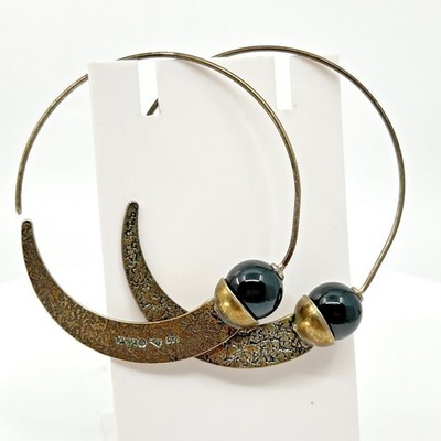 VTG 925 Sterling Silver Hammered Crescent Moon Onyx Hoop Earrings India Tribal - Thumbnail 2
