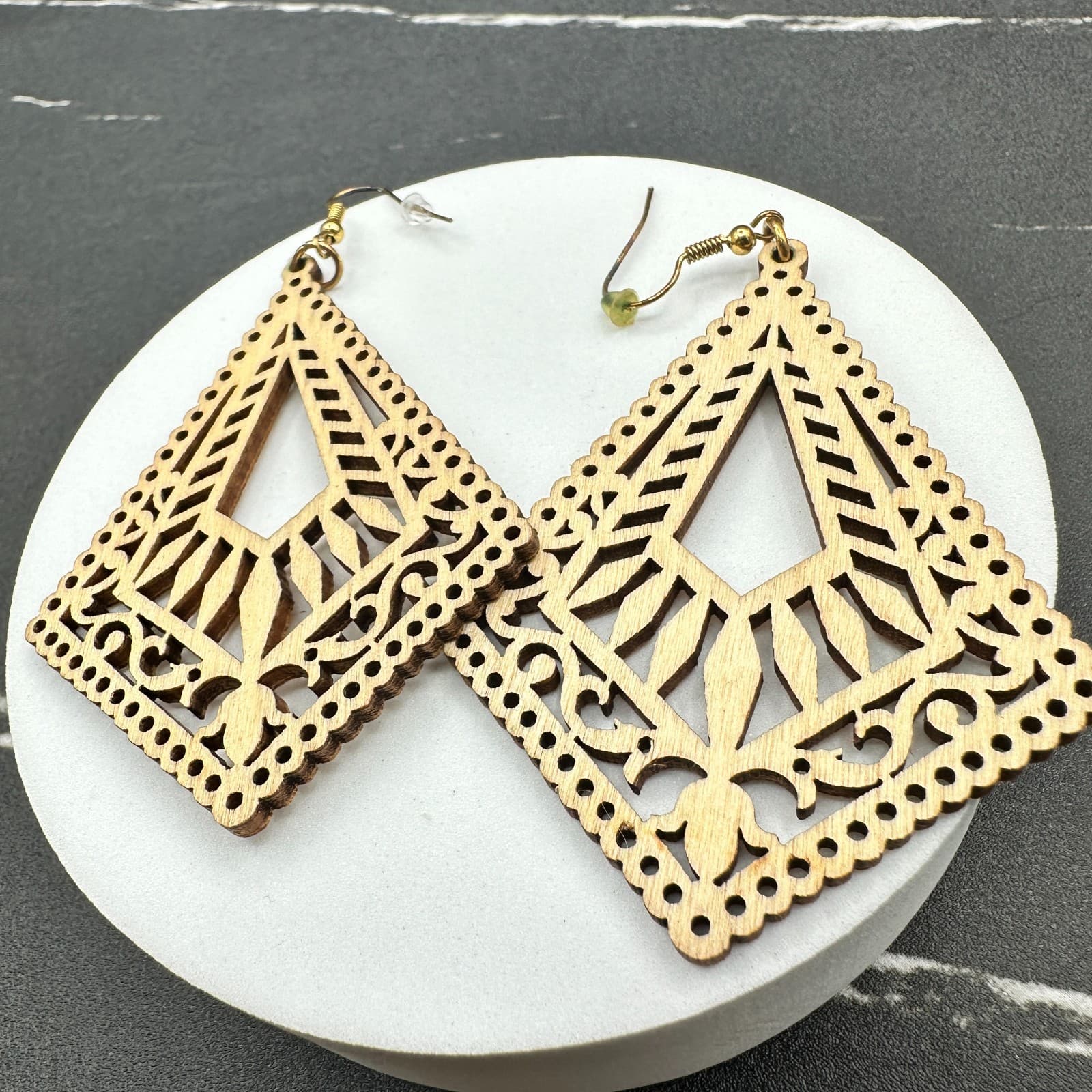 Beige Bohemian Classic Mandala Rhombus Laser-Cut Wood Dangle Hook Earrings - Thumbnail 11