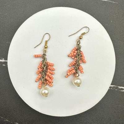 Vintage Handmade Women's Pink Beaded Long Hanging Fashion Dangle Earrings - Thumbnail 6