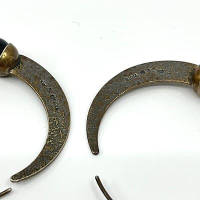 VTG 925 Sterling Silver Hammered Crescent Moon Onyx Hoop Earrings India Tribal - Thumbnail 6