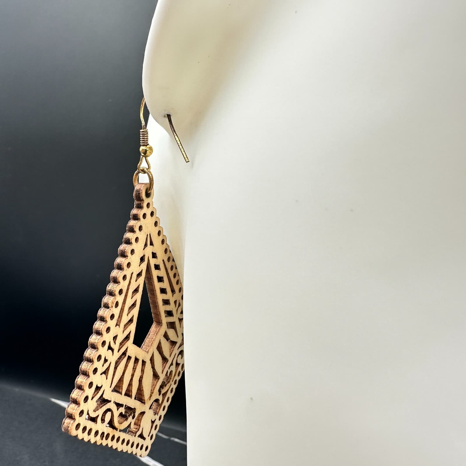 Beige Bohemian Classic Mandala Rhombus Laser-Cut Wood Dangle Hook Earrings - Thumbnail 7
