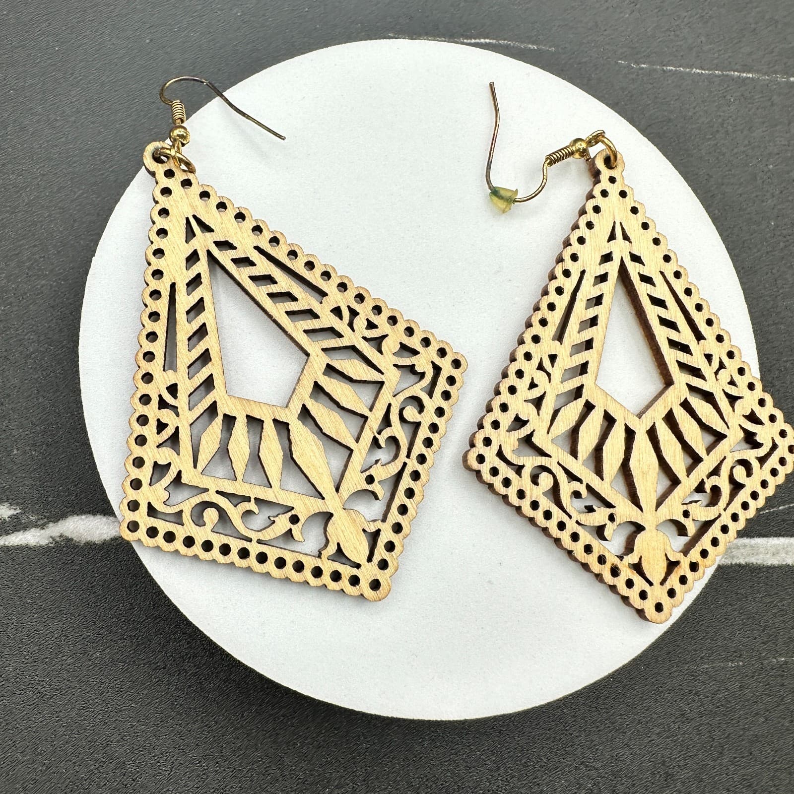 Beige Bohemian Classic Mandala Rhombus Laser-Cut Wood Dangle Hook Earrings - Thumbnail 9
