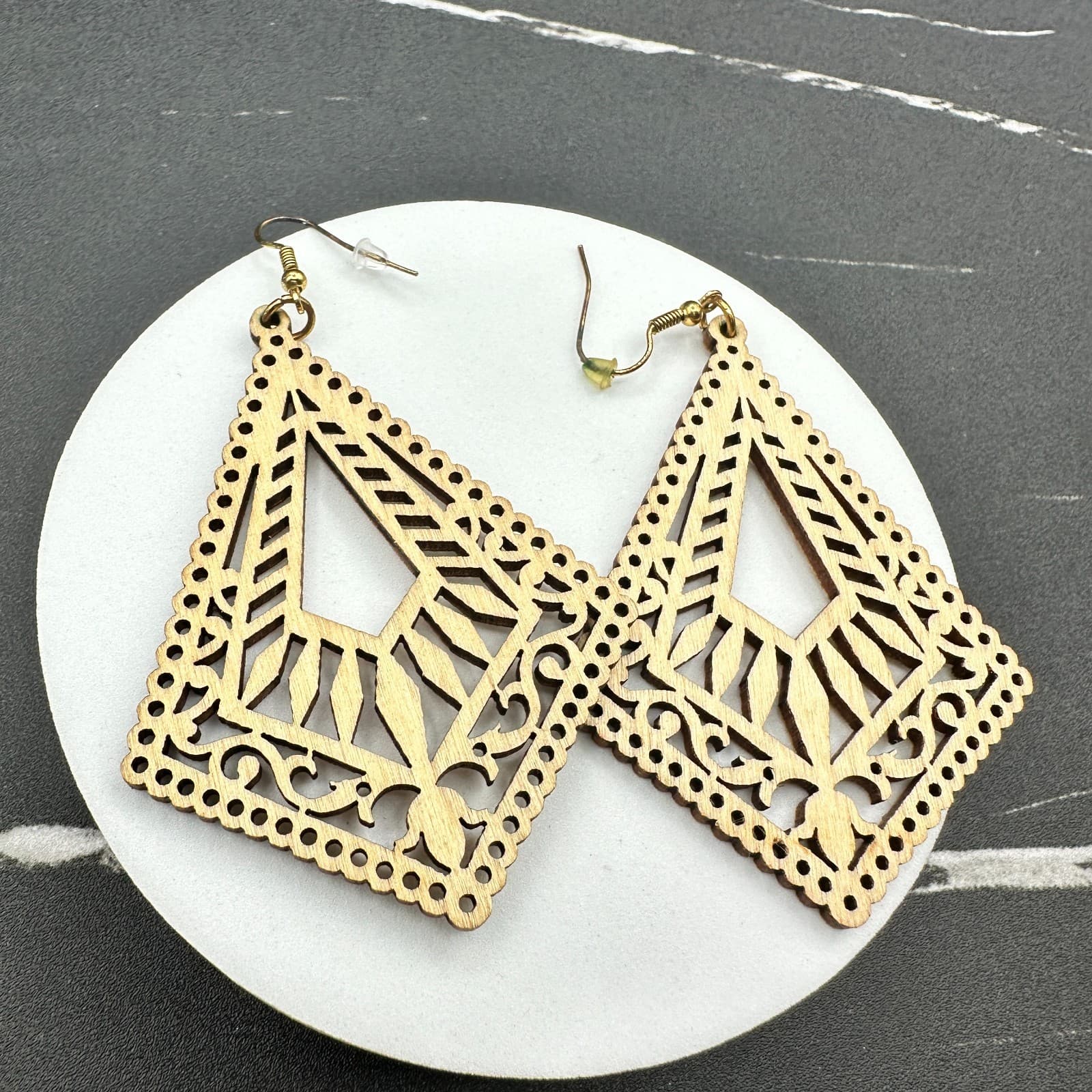 Beige Bohemian Classic Mandala Rhombus Laser-Cut Wood Dangle Hook Earrings - Thumbnail 10