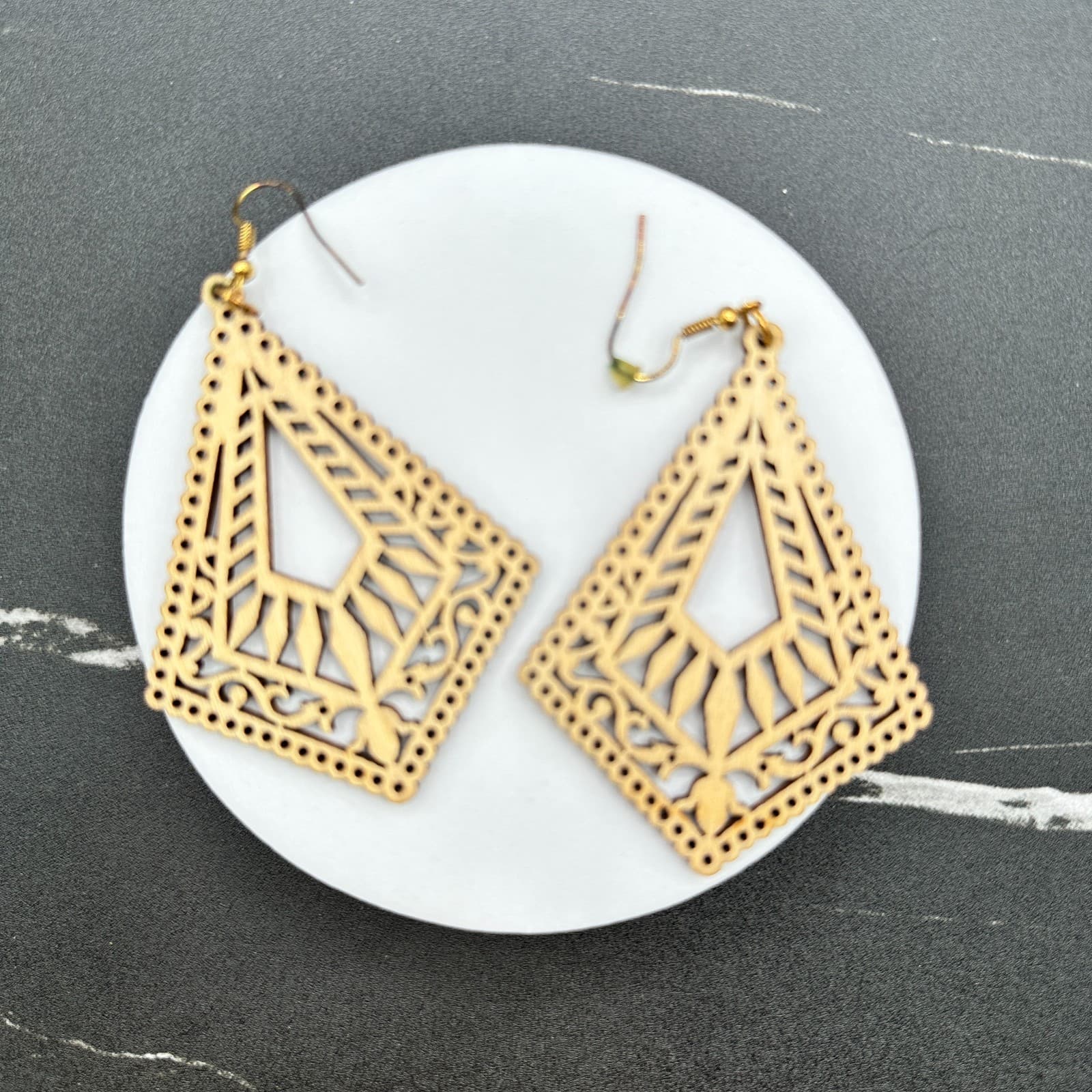 Beige Bohemian Classic Mandala Rhombus Laser-Cut Wood Dangle Hook Earrings - Thumbnail 8