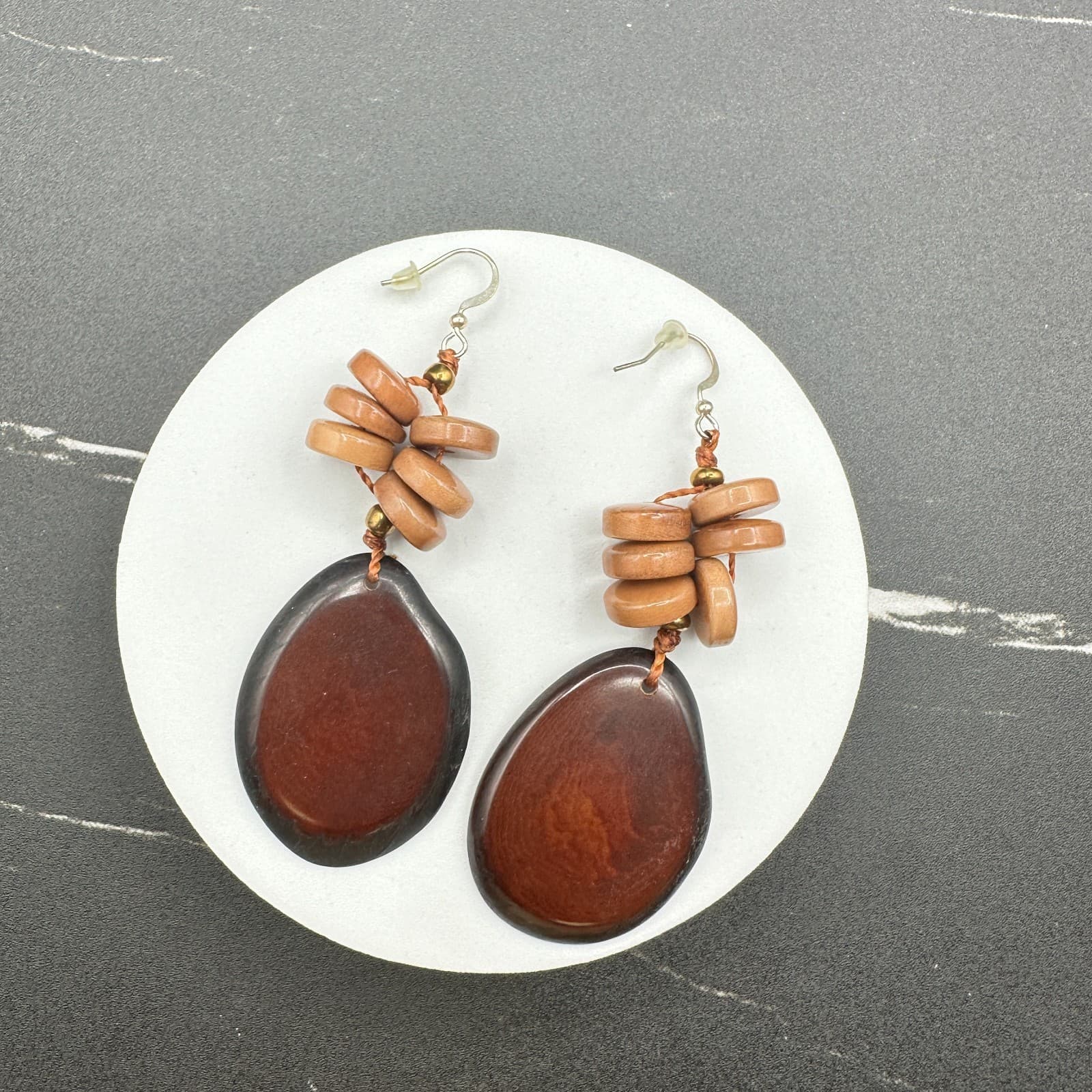 Contemporary Brown Bohemian Classic Cord Rustic Beaded Dangle Fish Hook Earrings - Thumbnail 9