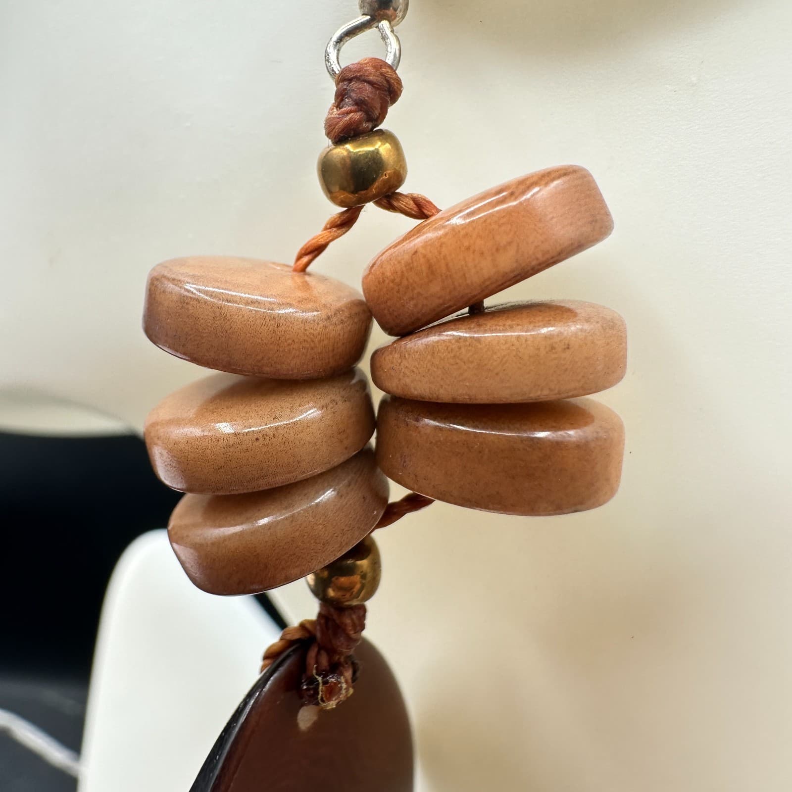Contemporary Brown Bohemian Classic Cord Rustic Beaded Dangle Fish Hook Earrings - Thumbnail 6