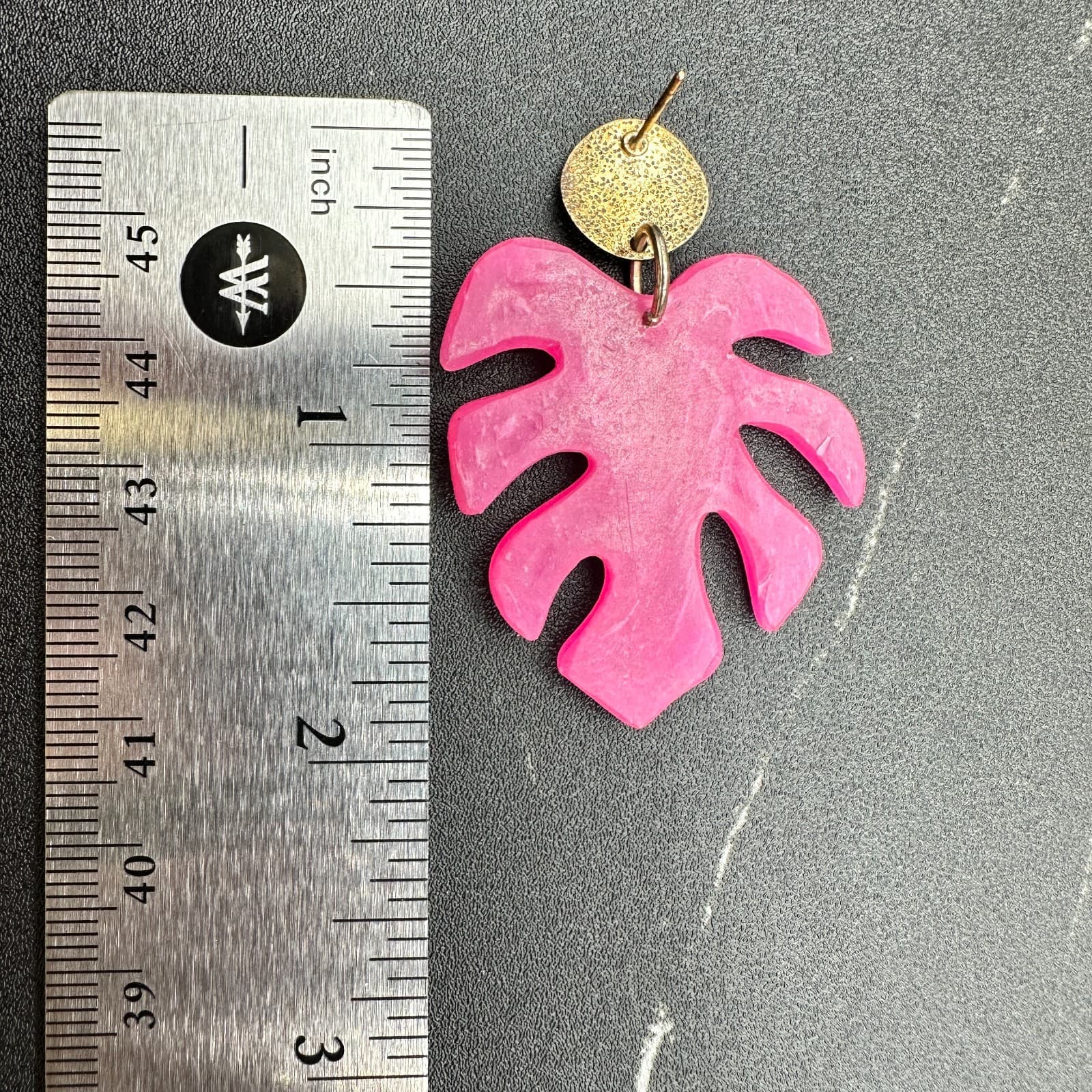 Vintage Handmade Womens Pink Acrylic Tropical Monstera Leaf Drop Earrings - Thumbnail 10