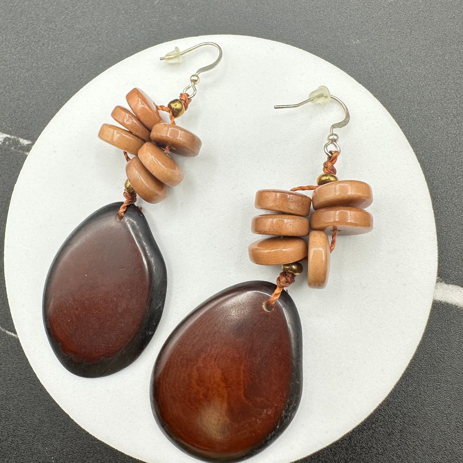 Contemporary Brown Bohemian Classic Cord Rustic Beaded Dangle Fish Hook Earrings - Thumbnail 12