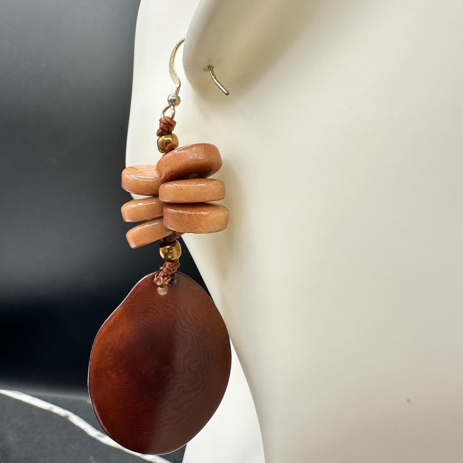 Contemporary Brown Bohemian Classic Cord Rustic Beaded Dangle Fish Hook Earrings - Thumbnail 8