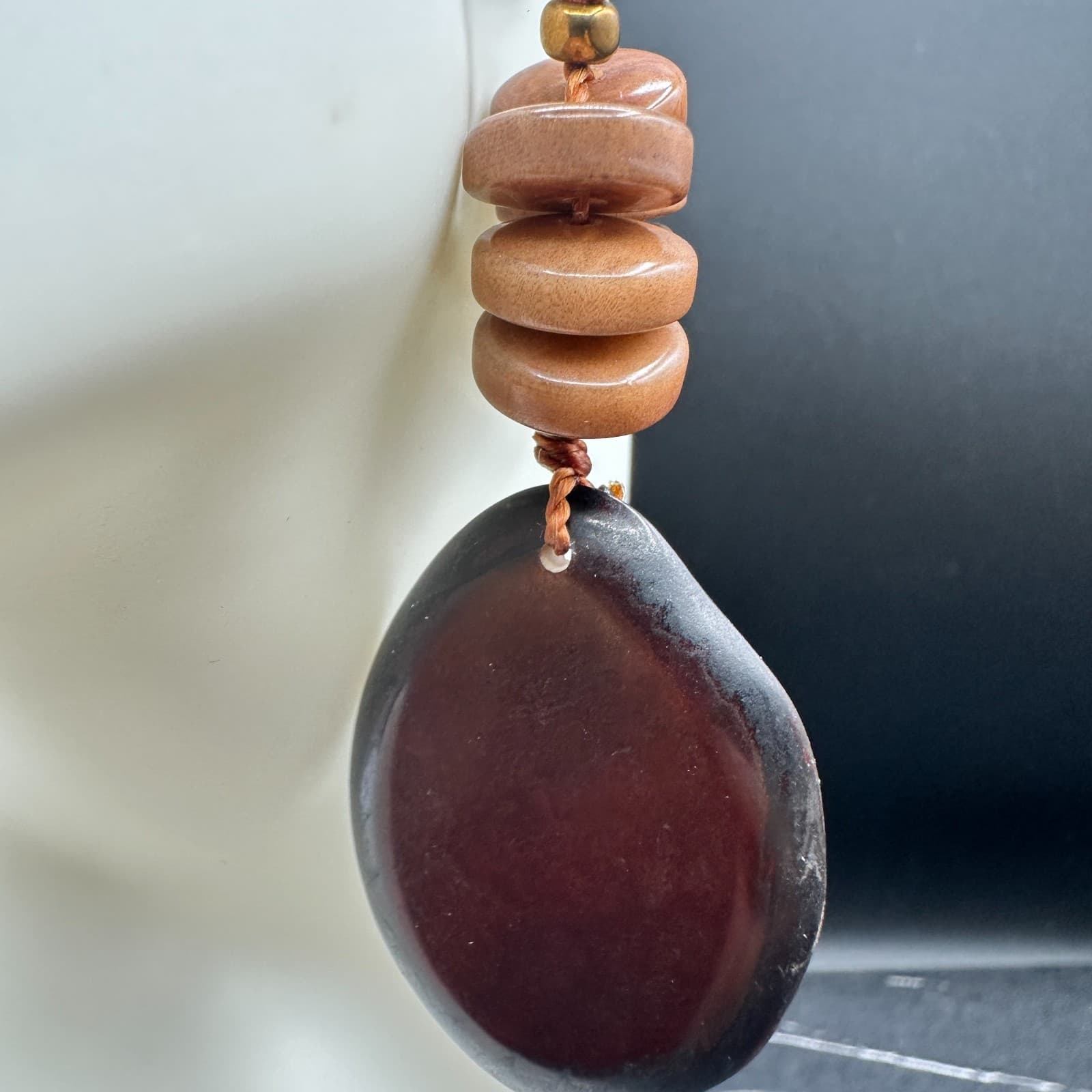 Contemporary Brown Bohemian Classic Cord Rustic Beaded Dangle Fish Hook Earrings - Thumbnail 3