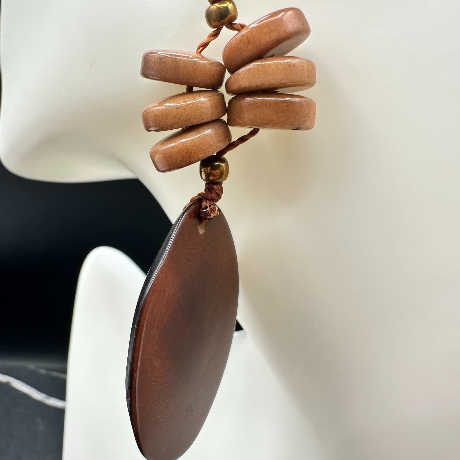 Contemporary Brown Bohemian Classic Cord Rustic Beaded Dangle Fish Hook Earrings - Thumbnail 5