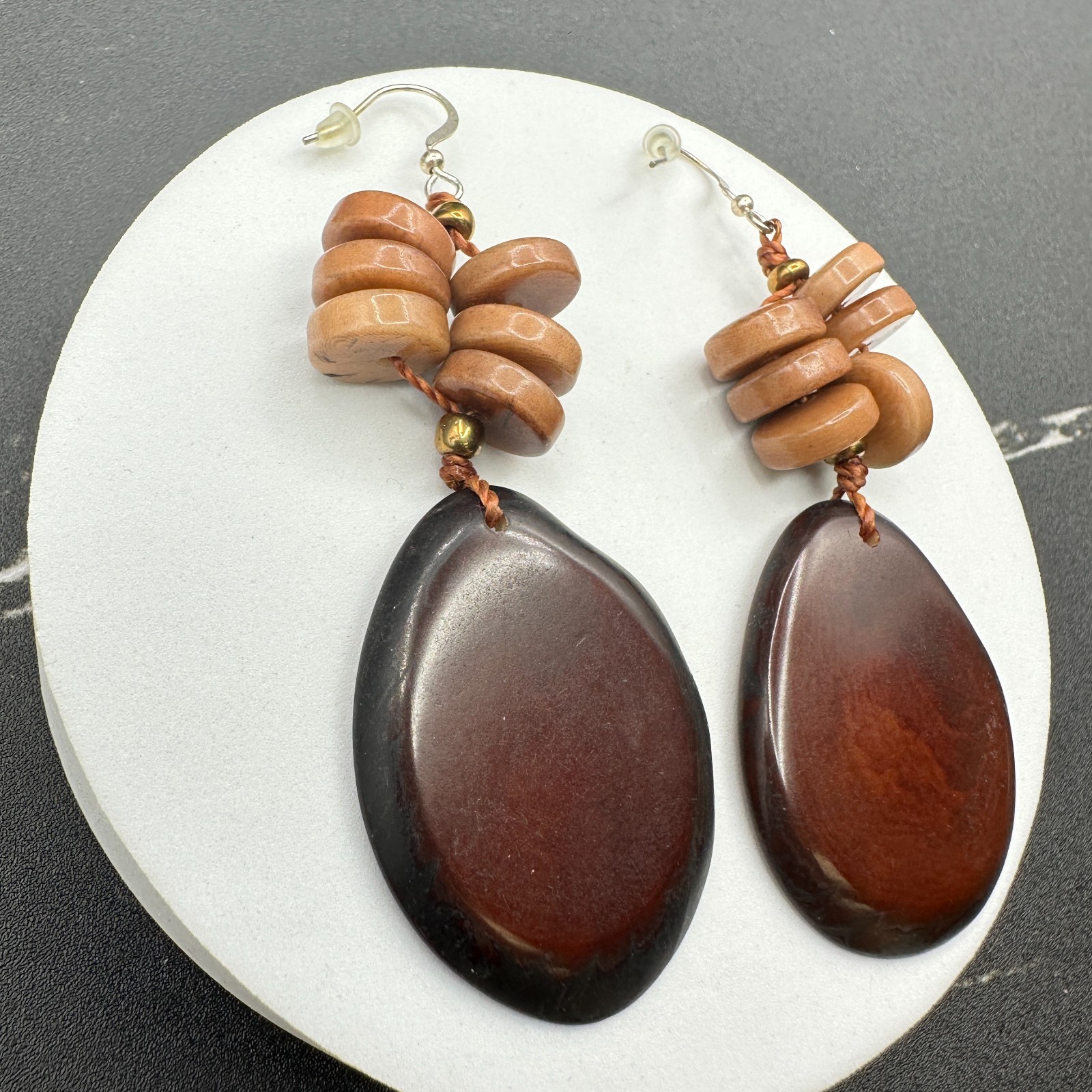 Contemporary Brown Bohemian Classic Cord Rustic Beaded Dangle Fish Hook Earrings - Thumbnail 11