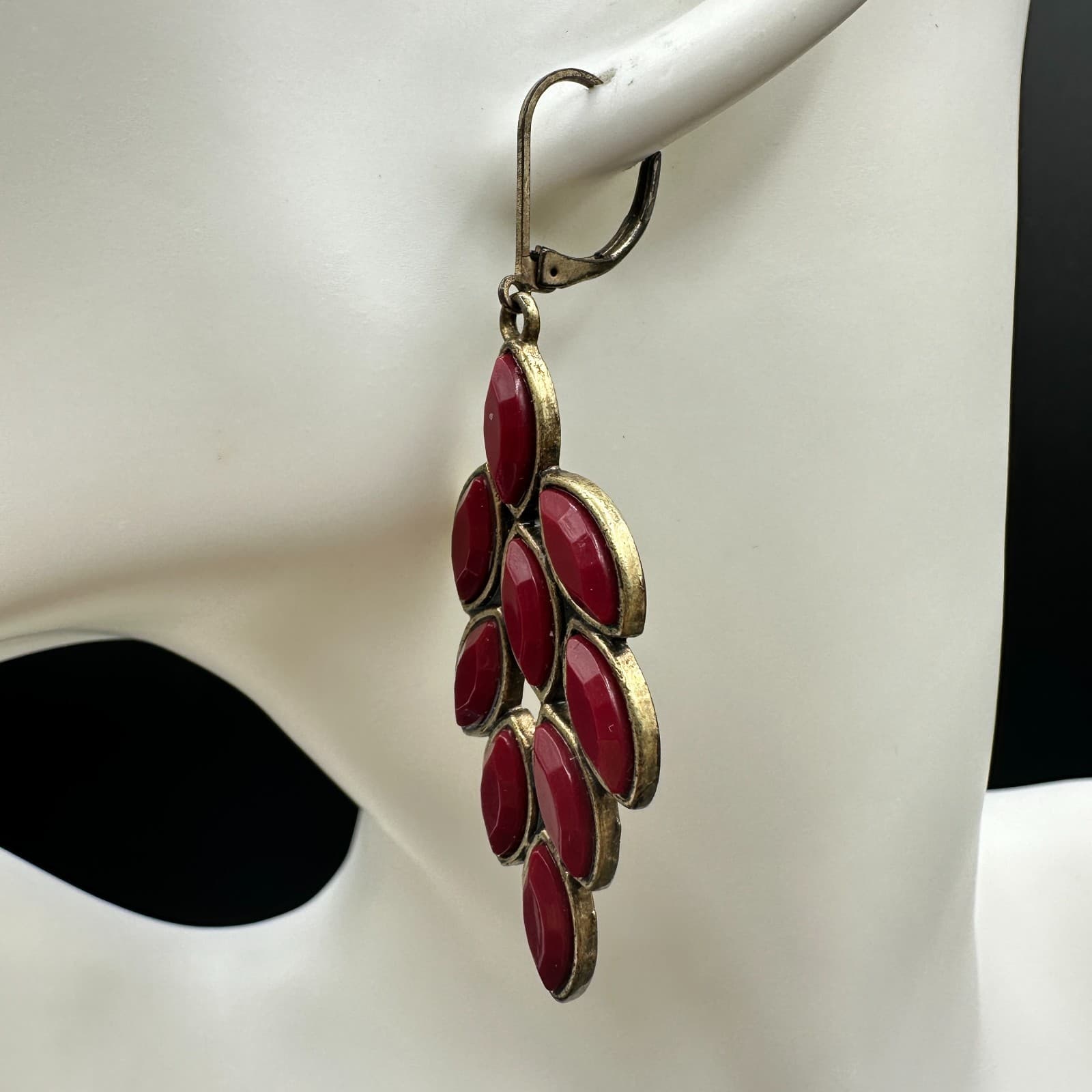Vintage Women's Red Leaf Cabochon Bronze Metal Beauty Dangle/Drop Earrings - Thumbnail 6
