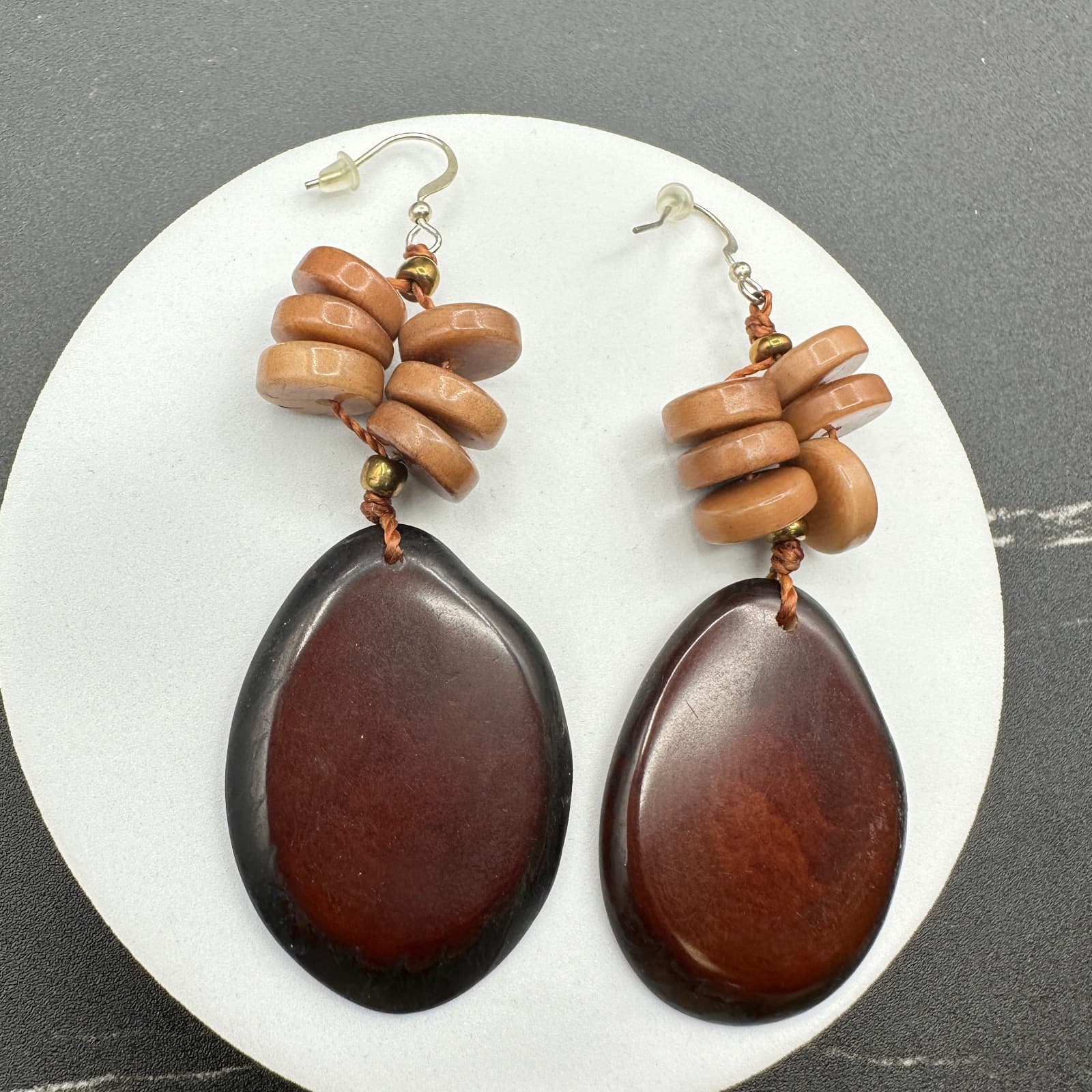 Contemporary Brown Bohemian Classic Cord Rustic Beaded Dangle Fish Hook Earrings - Thumbnail 10