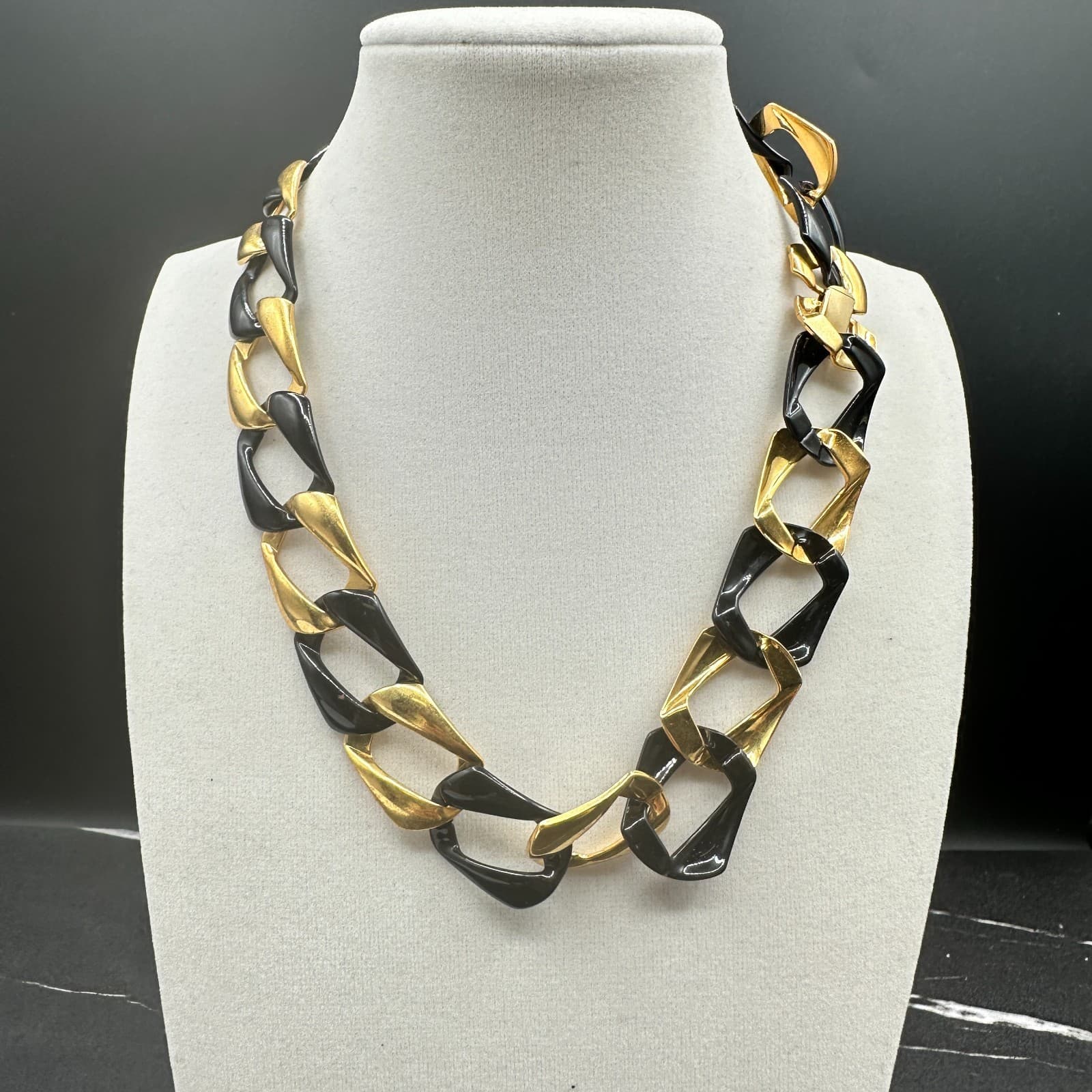 Vintage 90s Gold Tone Black Enamel Chunky Link Necklace Choker Statement Jewelry