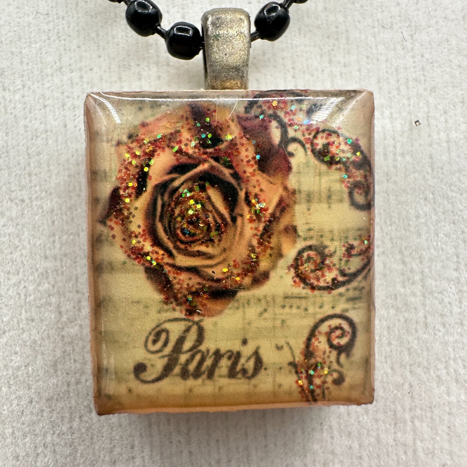 VTG 90s Paris Rose Pendant Necklace Wood Block Ball Chain Brown Glitter Boho
