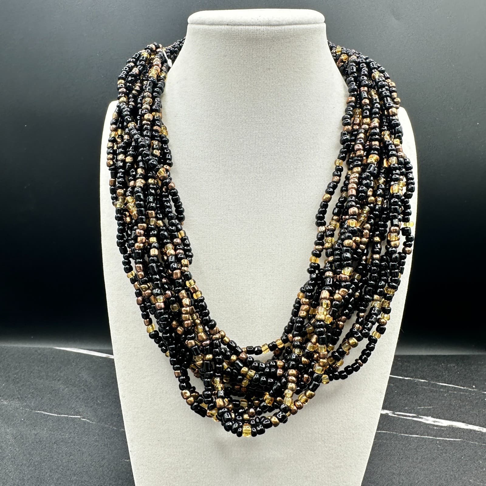 VTG Multi Strand Seed Bead Necklace Choker Black Gold Bronze Statement Jewelry