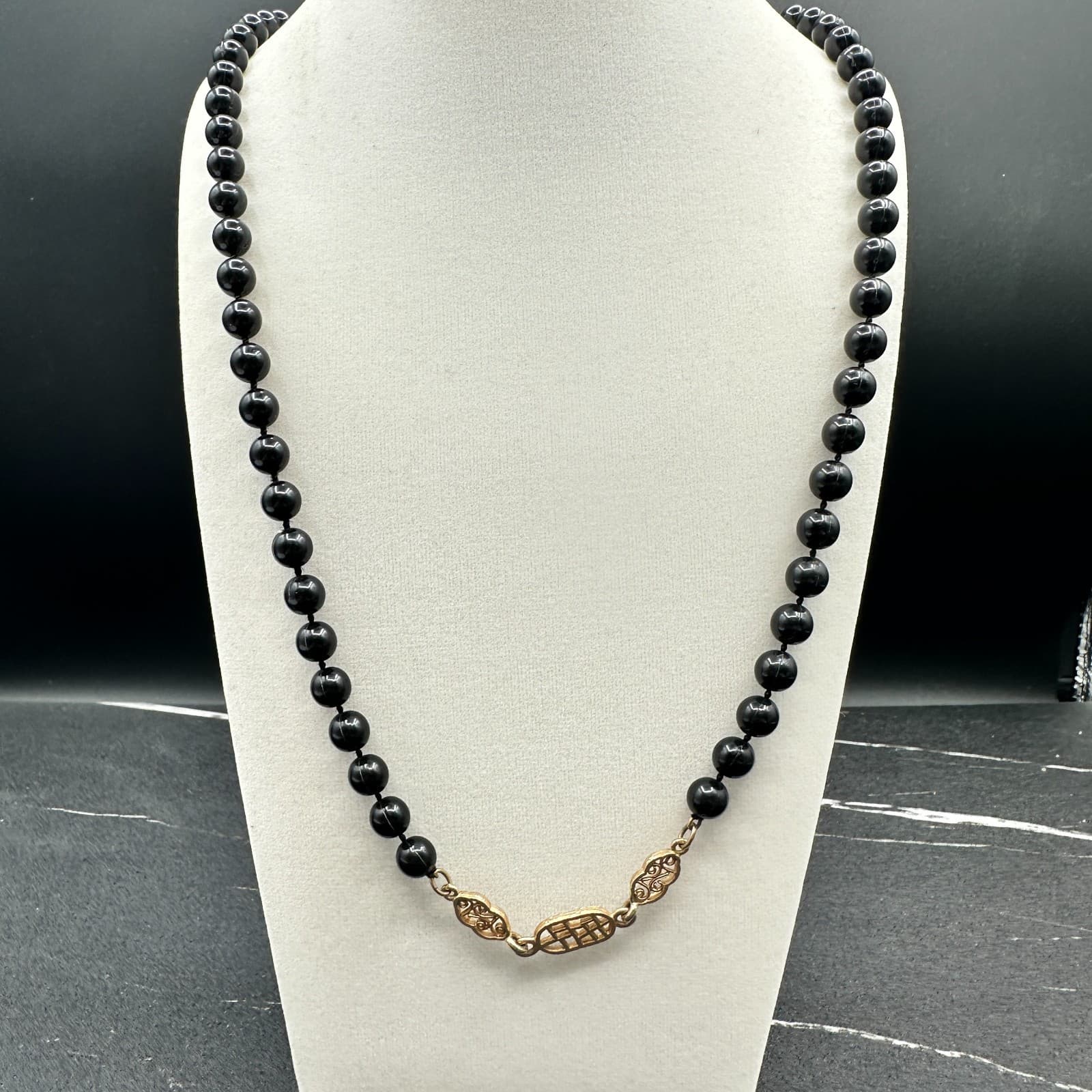 VTG 90s Black Beaded Necklace Strand Gold Tone Art Deco Clasp Flapper Style