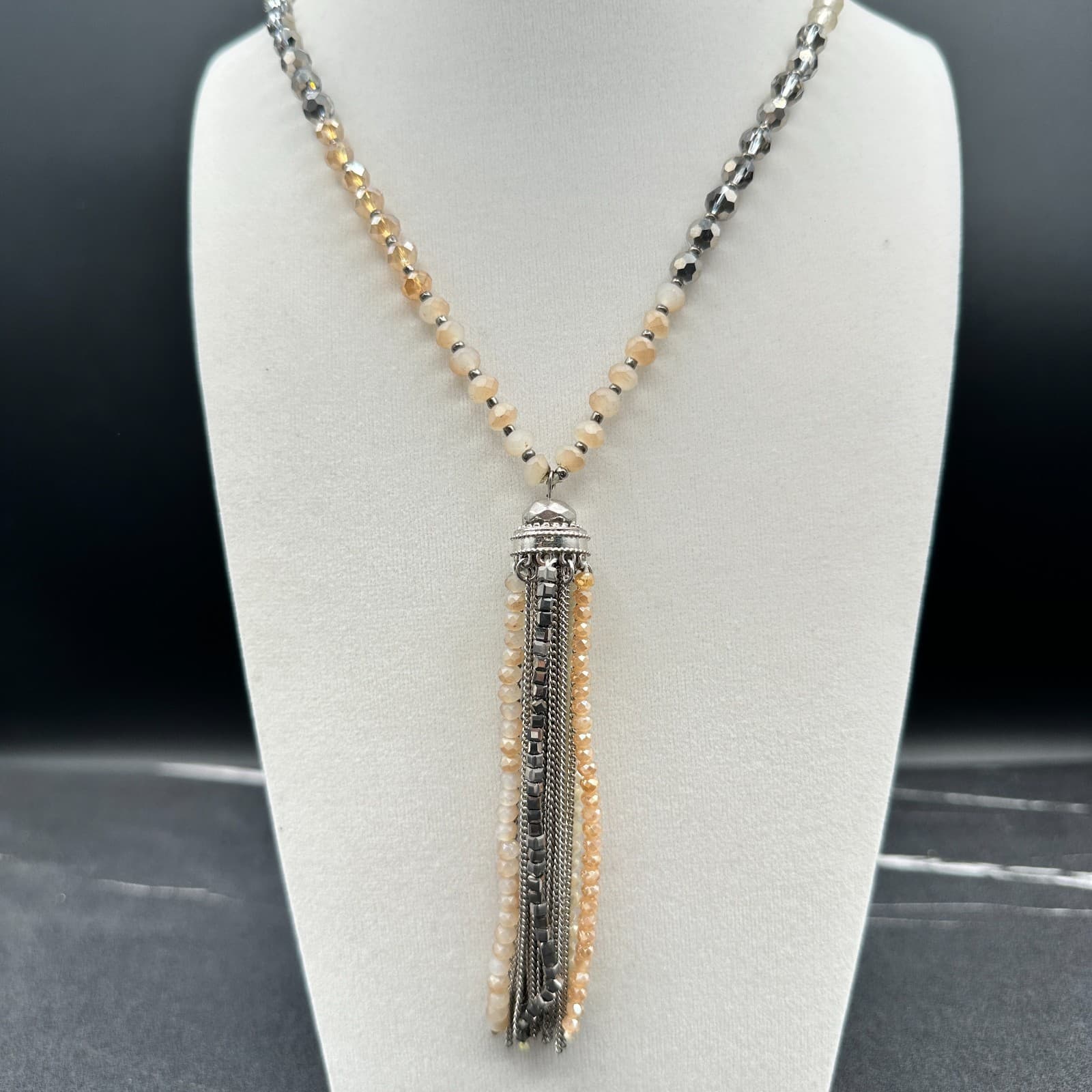 Vintage Long Beaded Tassel Necklace Multi-Color Crystal/Glass Silver Tone Chic