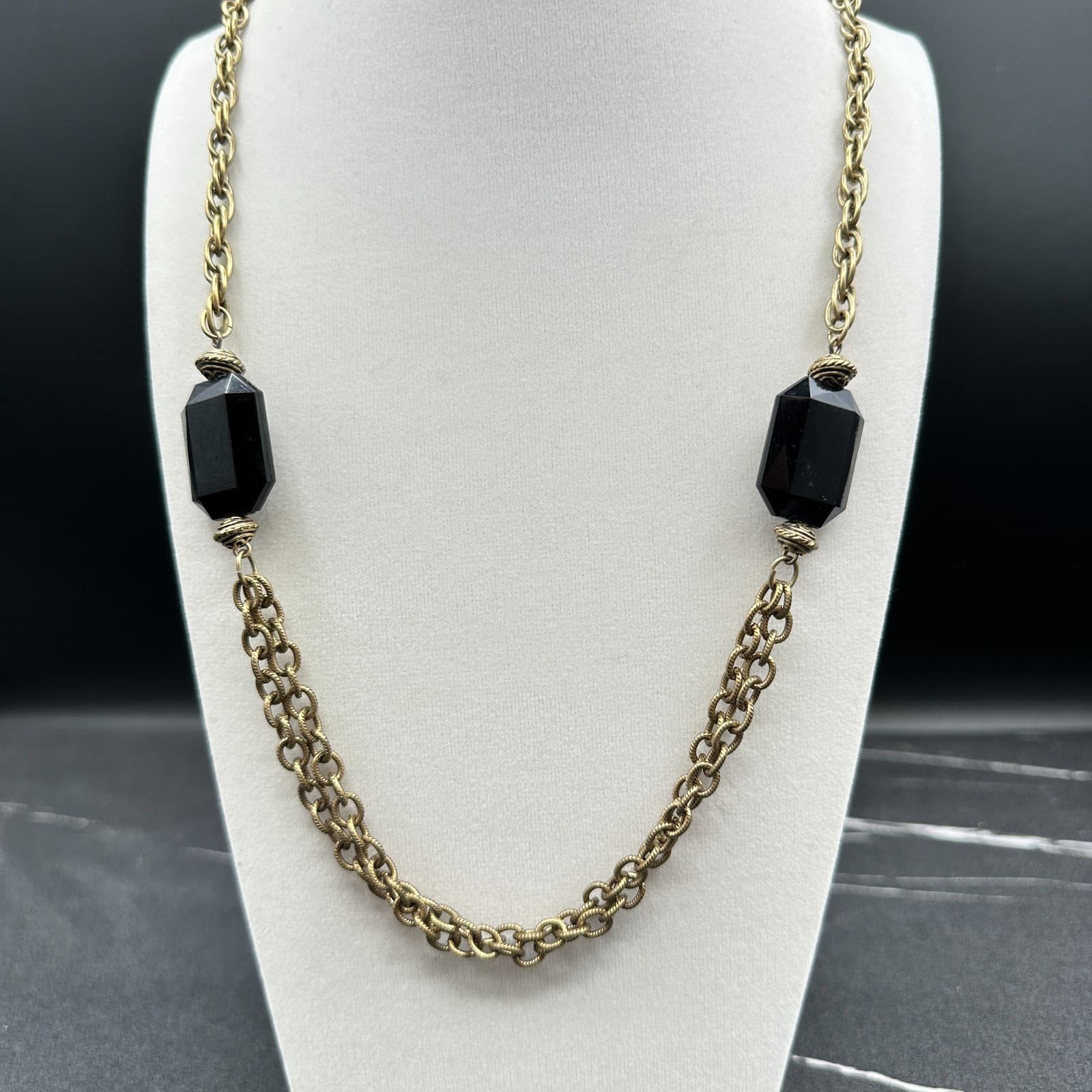 Vintage 90s Brass Tone Black Faceted Stone Long Statement Necklace Jewelry