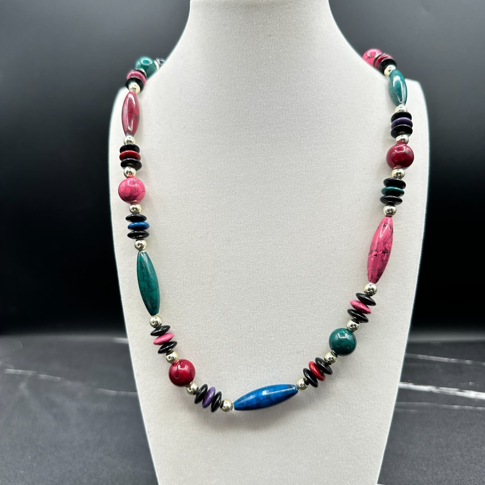 Vintage Multi-Color Statement Necklace Bead Gold Tone 80s Style Chunky 15 in