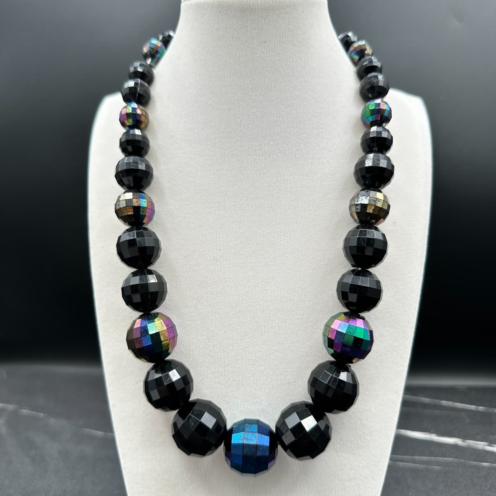Vintage Faceted Black Iridescent AB Bead Necklace Choker Statement 22 in