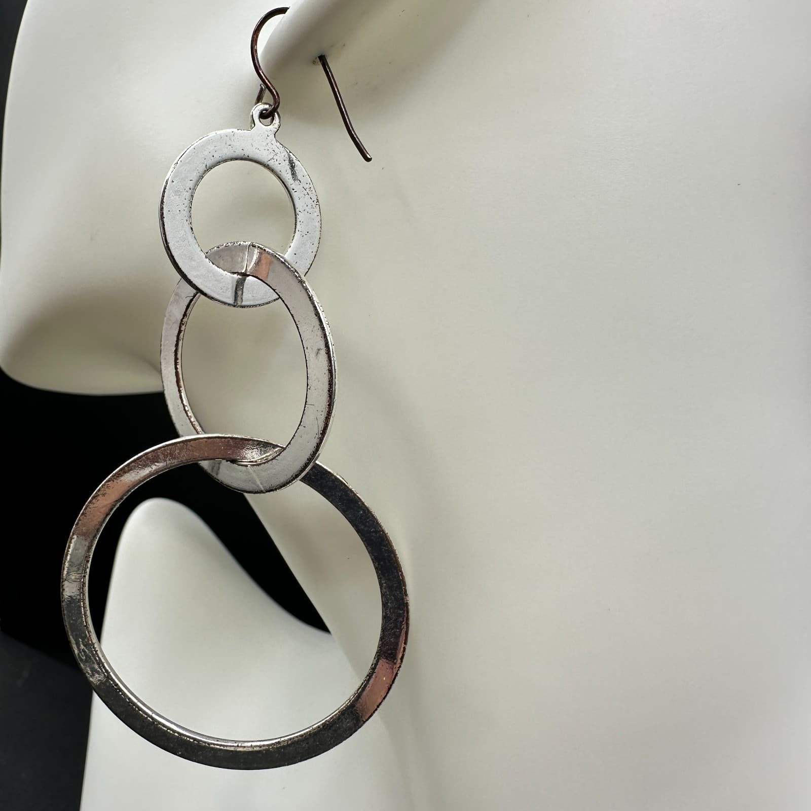 Vintage Silver Tone Interlocking Hoop Earrings Dangle Long Modern Fashion Large - Thumbnail 6