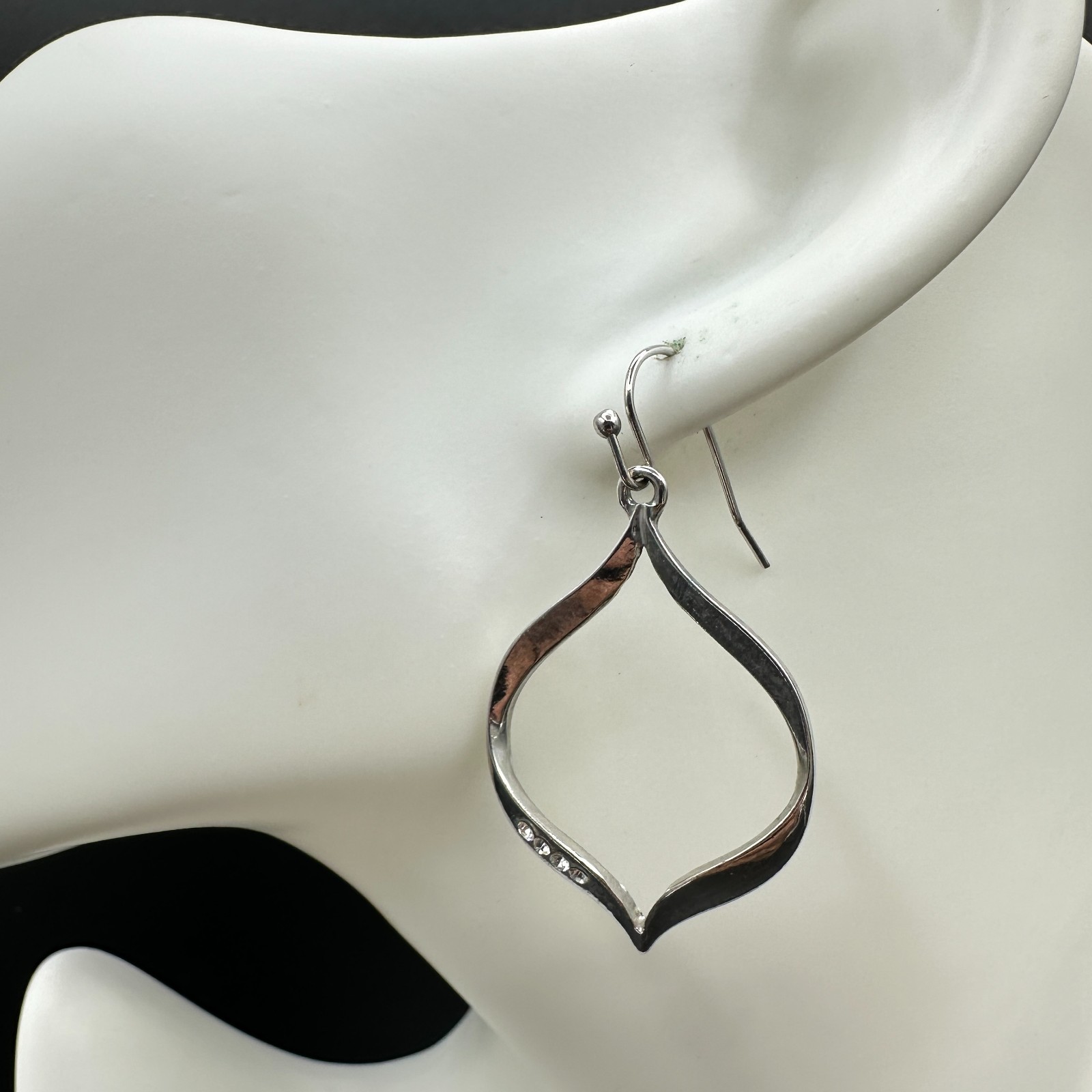 Vintage Silver Tone Open Leaf Dangle Earrings Crystal Accents Modern Style