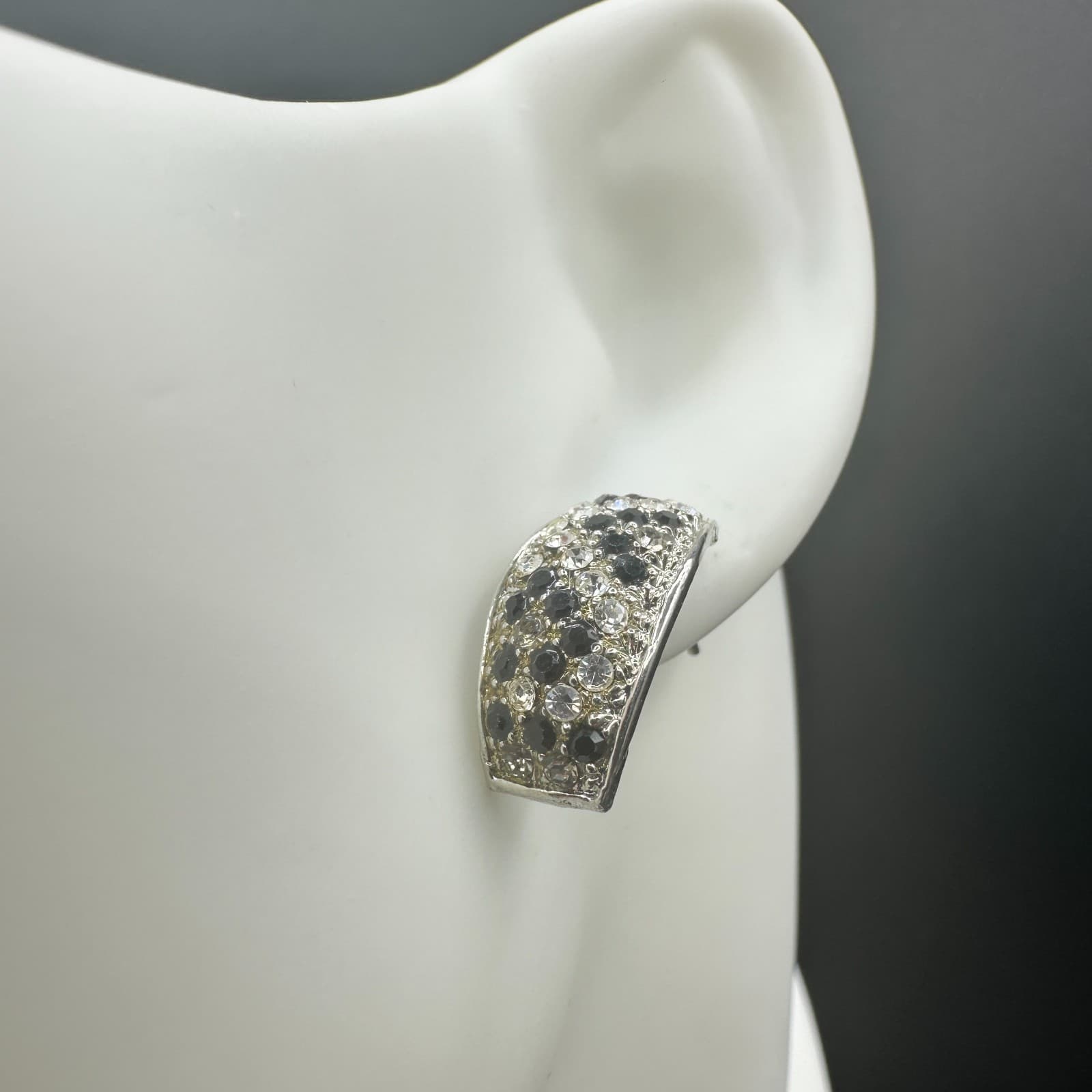 VTG Silver Tone Black Clear Rhinestone Hoop Earrings Post Classic Sparkle