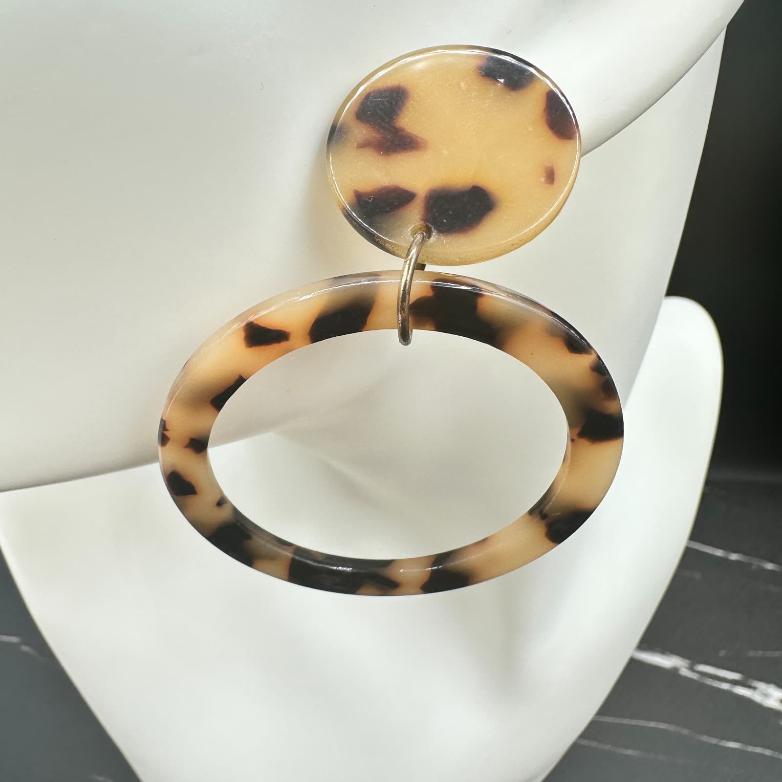 Vintage Tortoiseshell Drop Dangle Earrings Plastic Resin Acrylic Statement Brown - Thumbnail 5