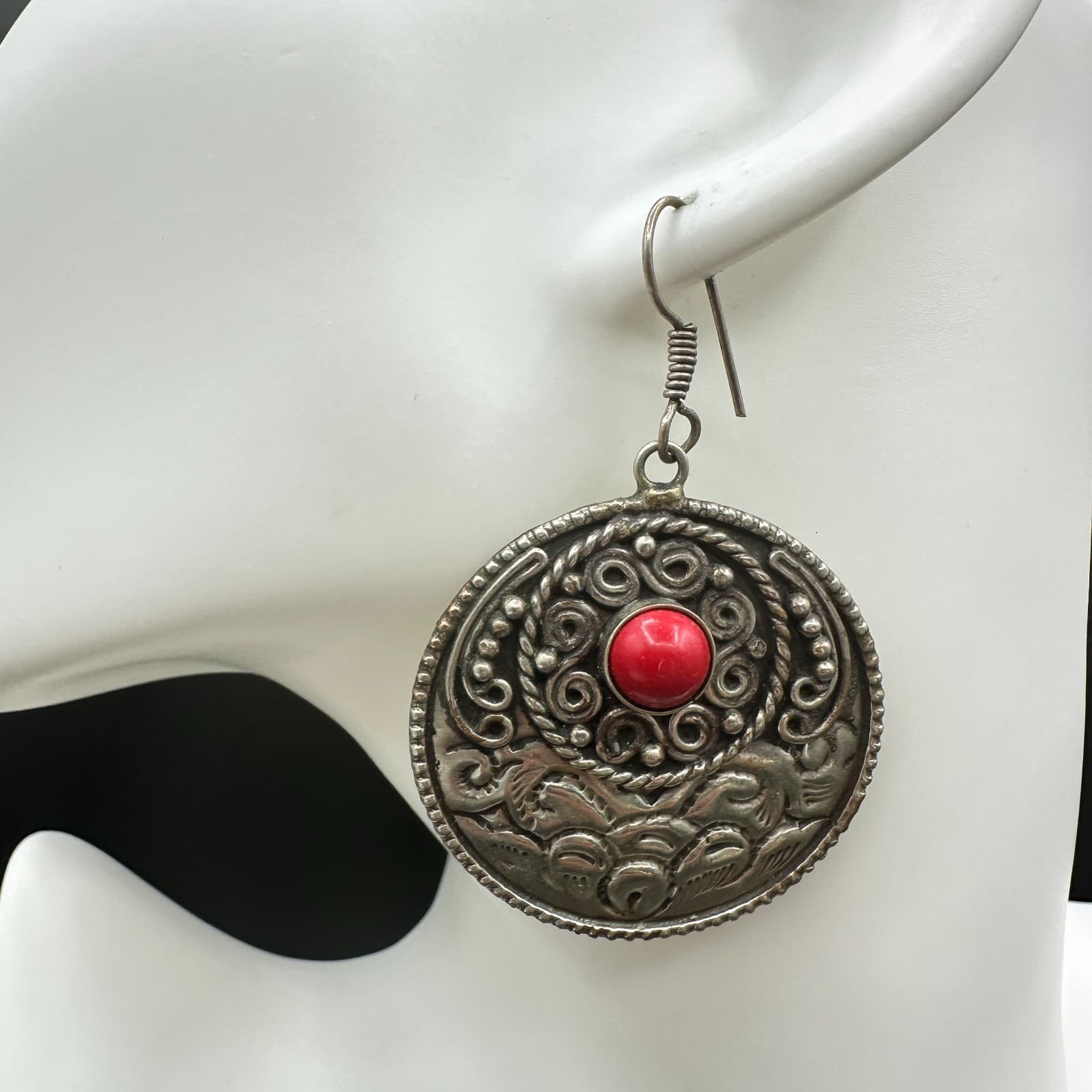 VTG Tibetan Ethnic Dangle Earrings Silver Tone Metal Red Stone Filigree Round
