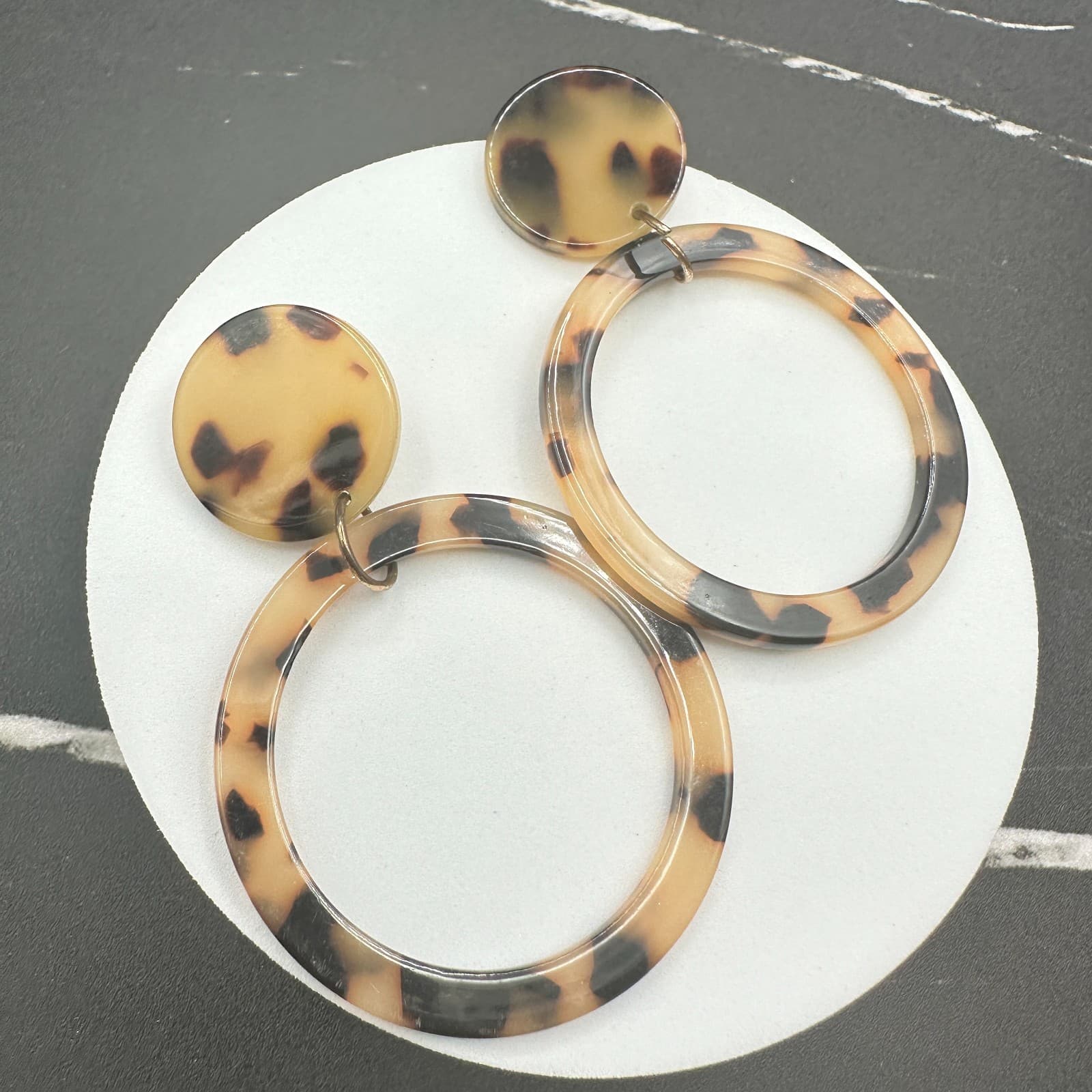 Vintage Tortoiseshell Drop Dangle Earrings Plastic Resin Acrylic Statement Brown - Thumbnail 10