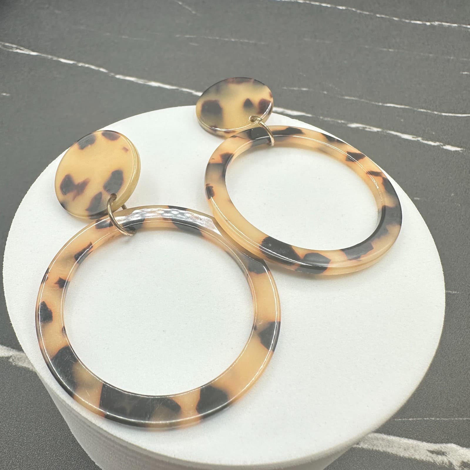 Vintage Tortoiseshell Drop Dangle Earrings Plastic Resin Acrylic Statement Brown - Thumbnail 11