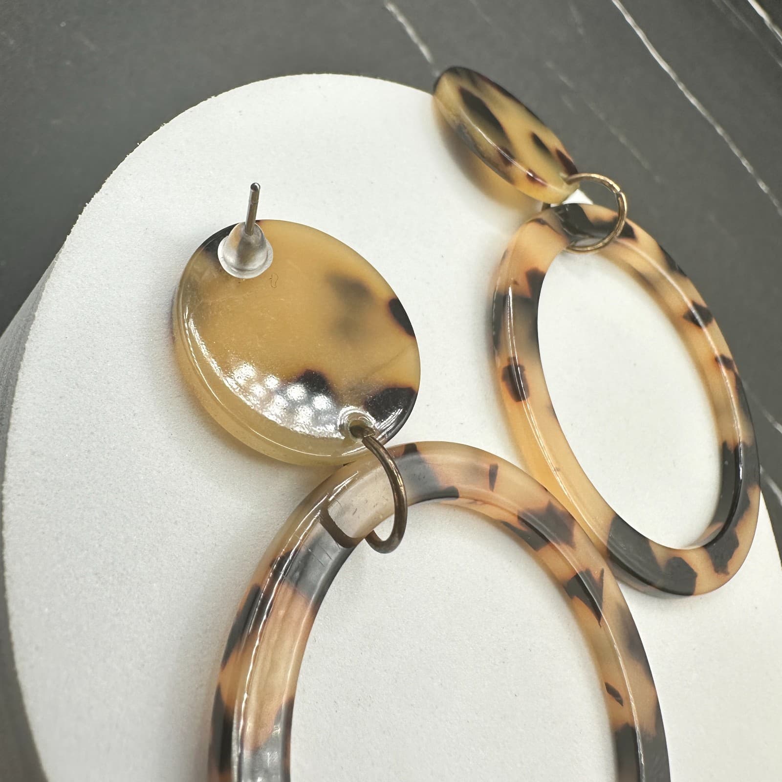 Vintage Tortoiseshell Drop Dangle Earrings Plastic Resin Acrylic Statement Brown - Thumbnail 13