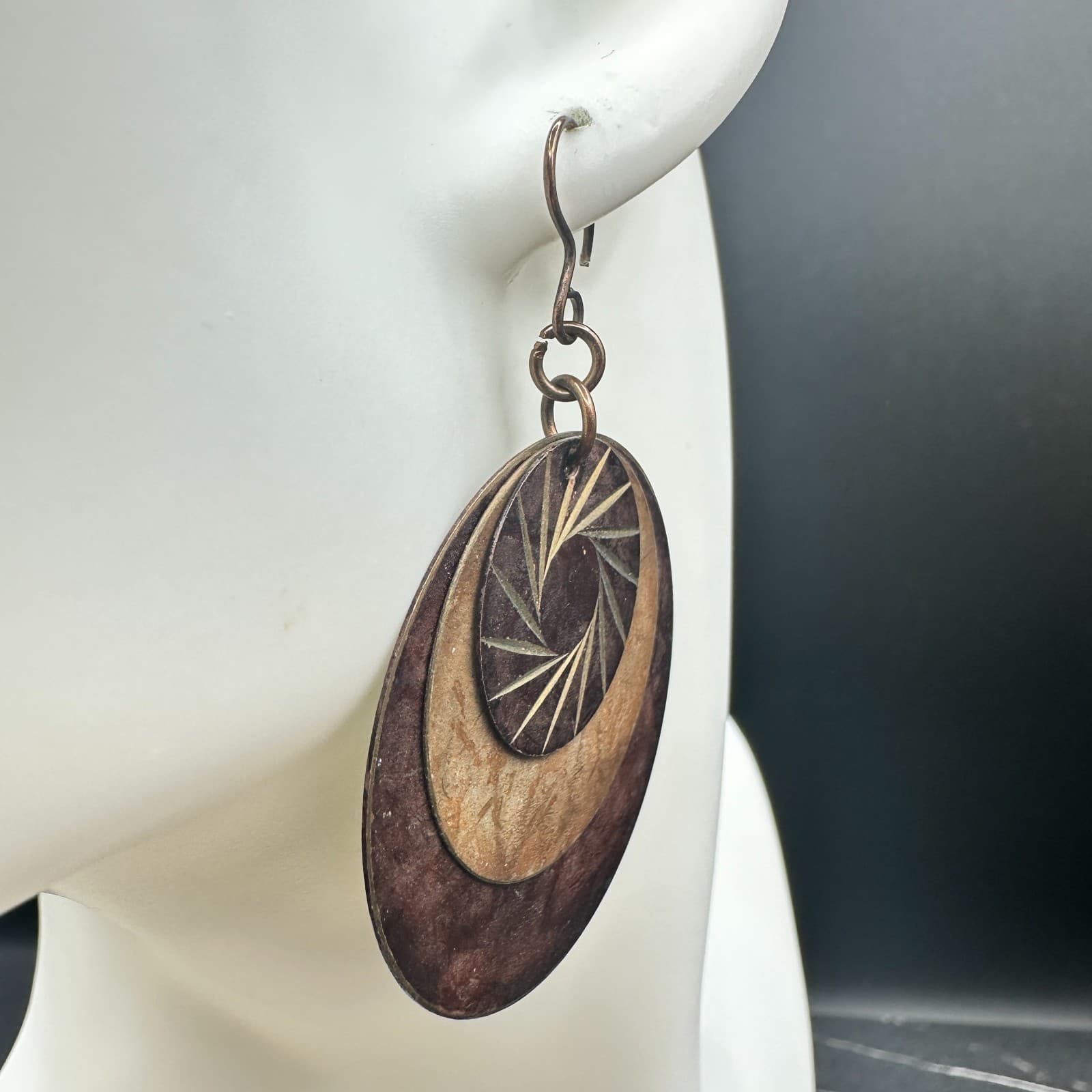 Vintage Brown Copper Layered Eyes shape Disks Dangle Earrings with 3 Disks 2 in - Thumbnail 3