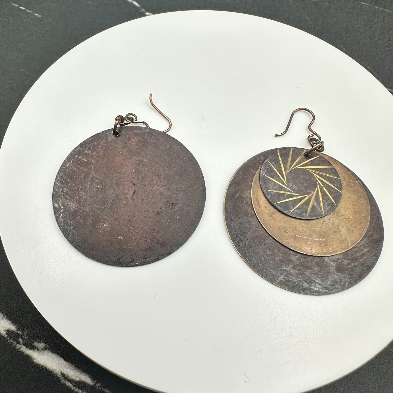 Vintage Brown Copper Layered Eyes shape Disks Dangle Earrings with 3 Disks 2 in - Thumbnail 8