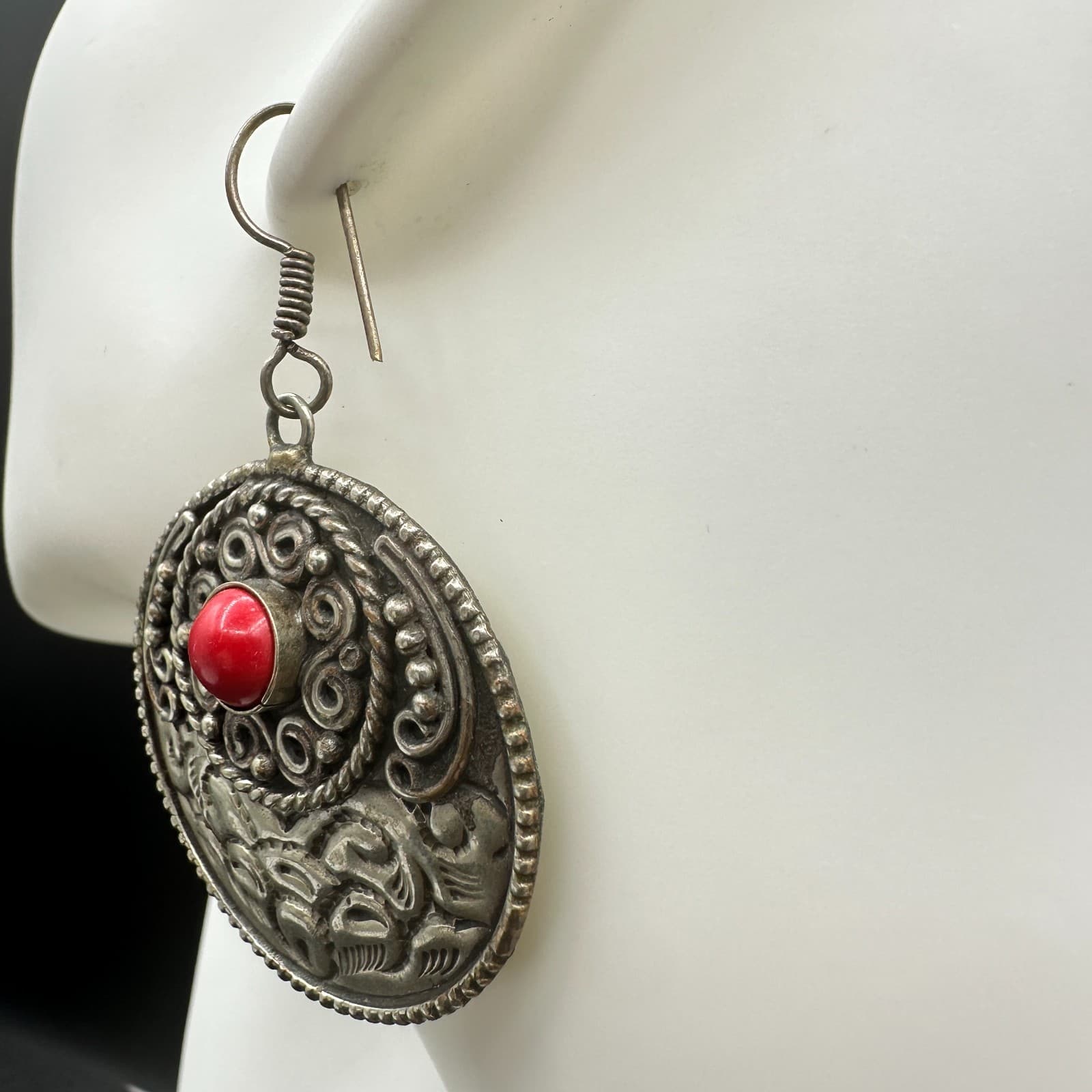 VTG Tibetan Ethnic Dangle Earrings Silver Tone Metal Red Stone Filigree Round - Thumbnail 5