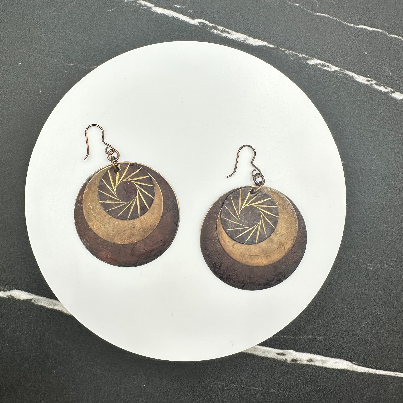Vintage Brown Copper Layered Eyes shape Disks Dangle Earrings with 3 Disks 2 in - Thumbnail 6