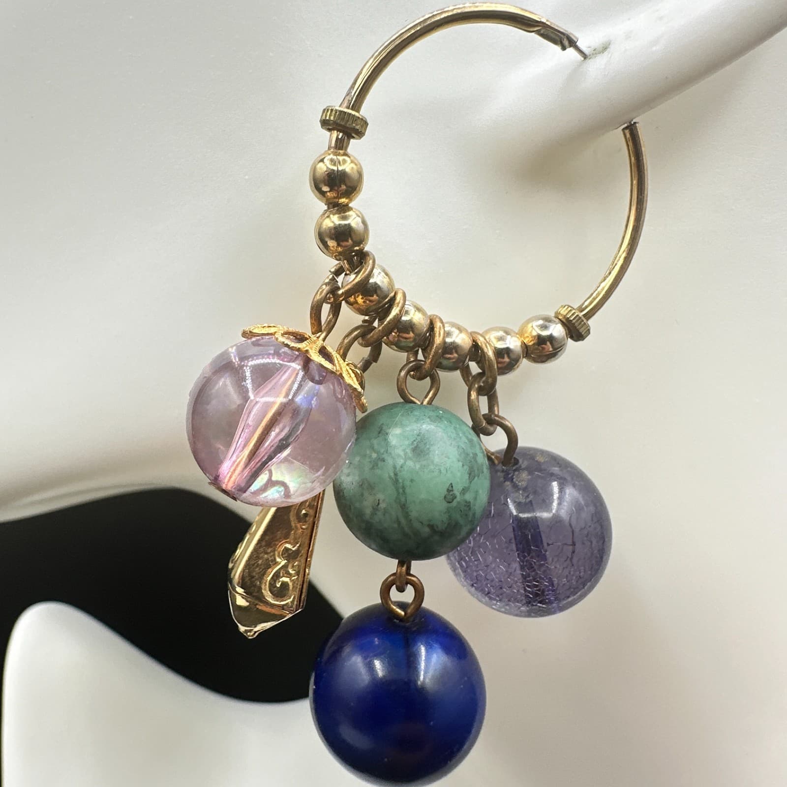 Vintage Gold Tone Chandelier Hoop Earrings Multi Bead Charm Dangle Drop - Thumbnail 4