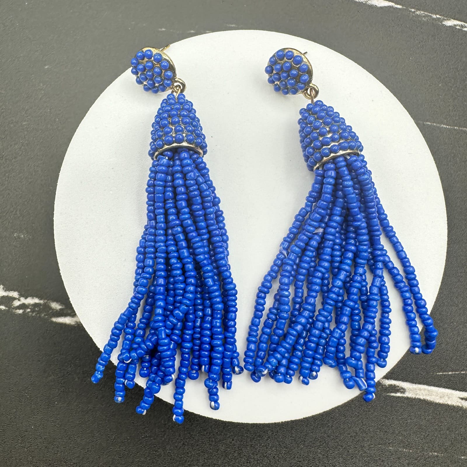 VTG Royal Blue Seed Beaded Tassel Earrings Post Dangle Fashion Statement Jewelry