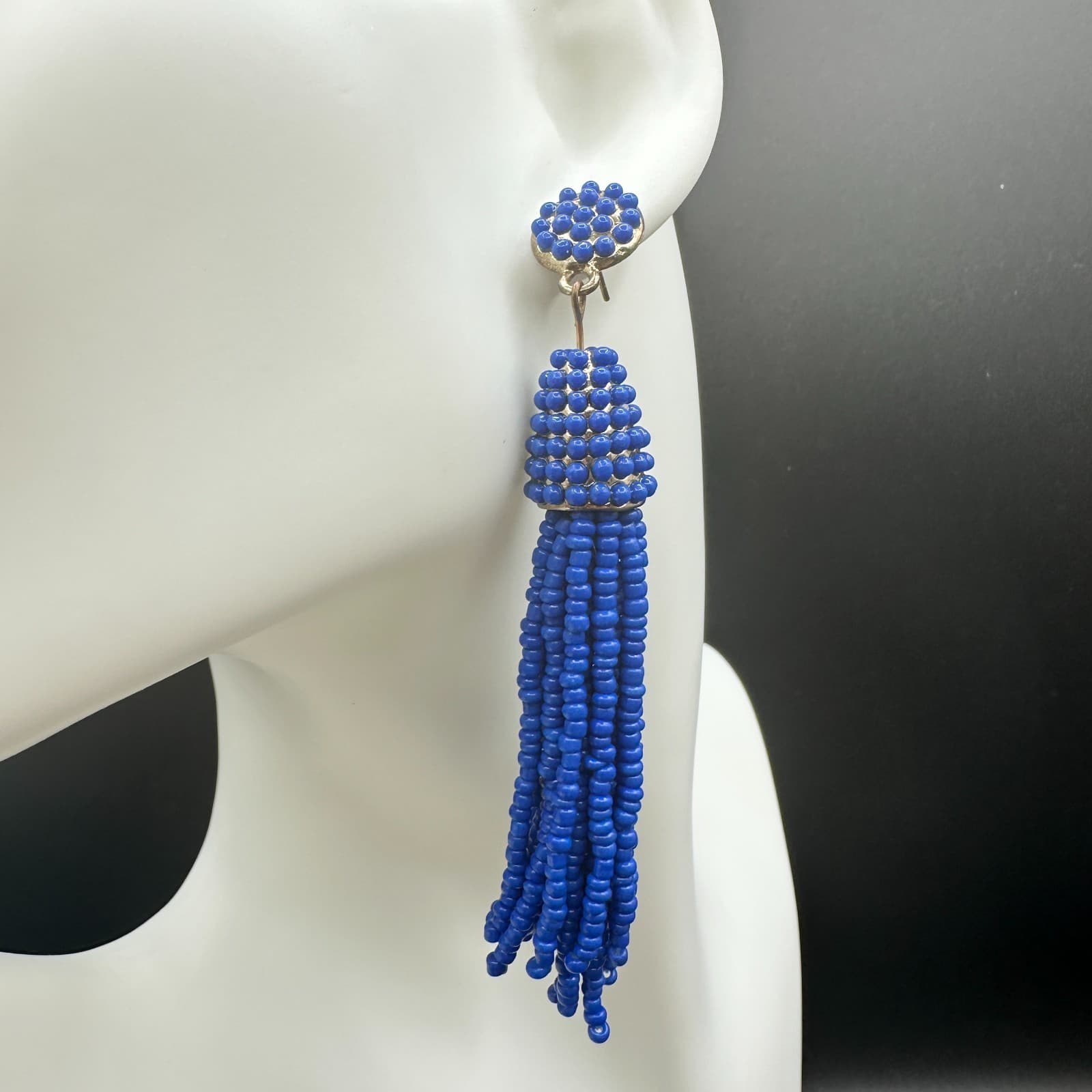VTG Royal Blue Seed Beaded Tassel Earrings Post Dangle Fashion Statement Jewelry - Thumbnail 3