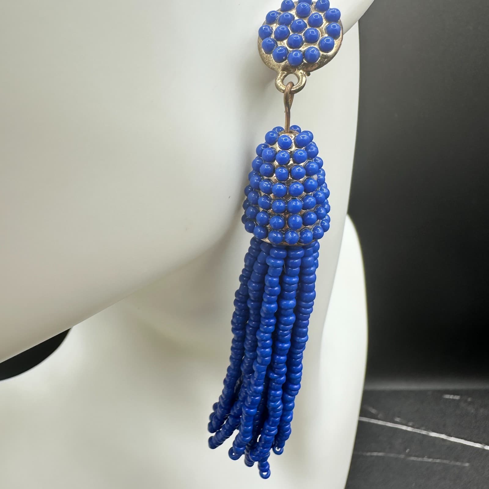 VTG Royal Blue Seed Beaded Tassel Earrings Post Dangle Fashion Statement Jewelry - Thumbnail 4