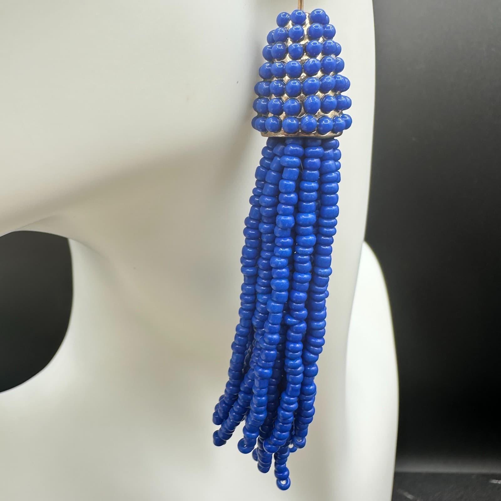 VTG Royal Blue Seed Beaded Tassel Earrings Post Dangle Fashion Statement Jewelry - Thumbnail 5