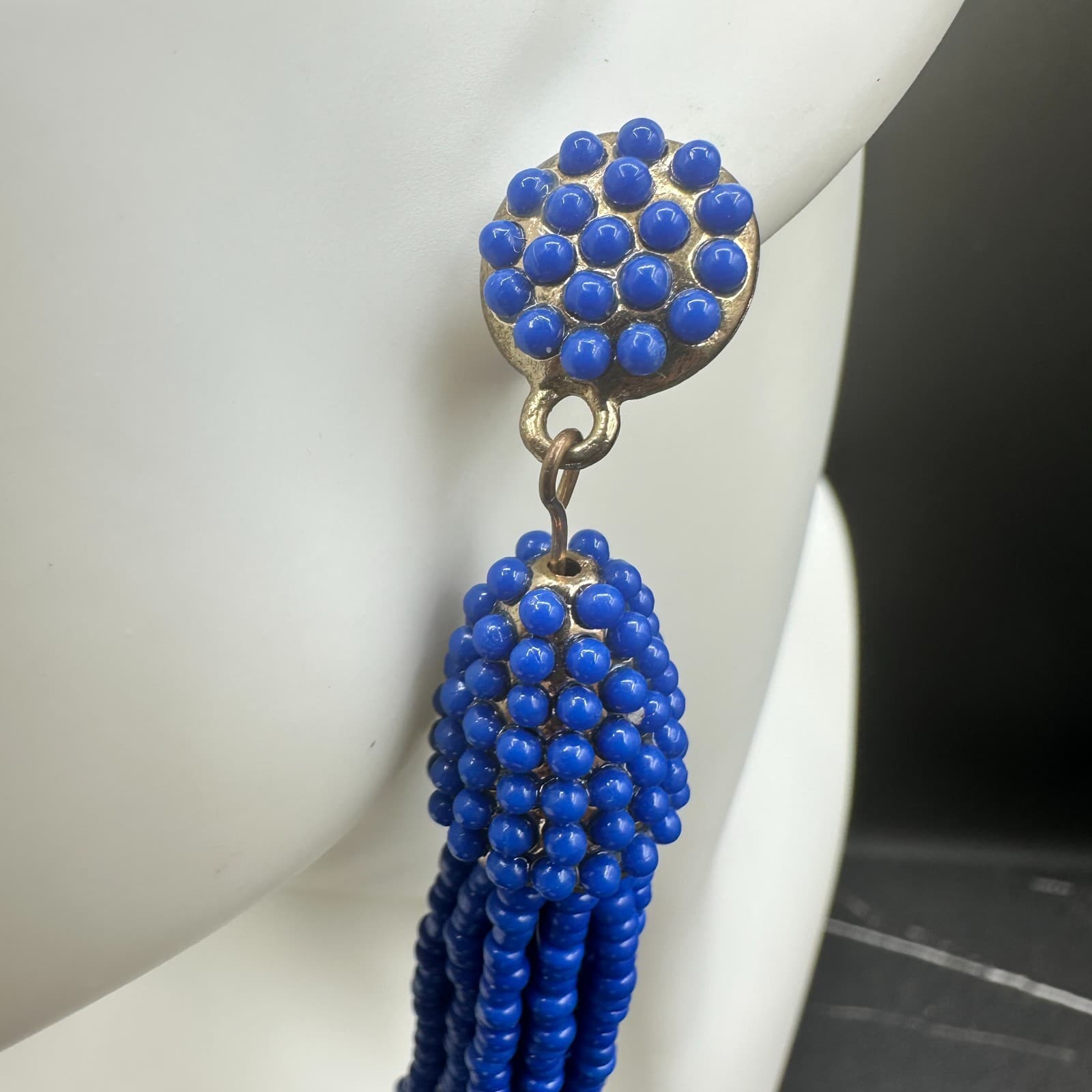 VTG Royal Blue Seed Beaded Tassel Earrings Post Dangle Fashion Statement Jewelry - Thumbnail 6